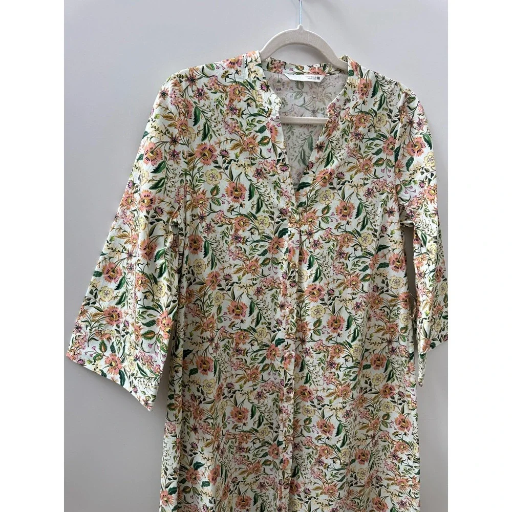 Zara Floral Button Front Cotton Shirt Dress Cottagecore Botanical Women's Medium - Picture 3 of 13